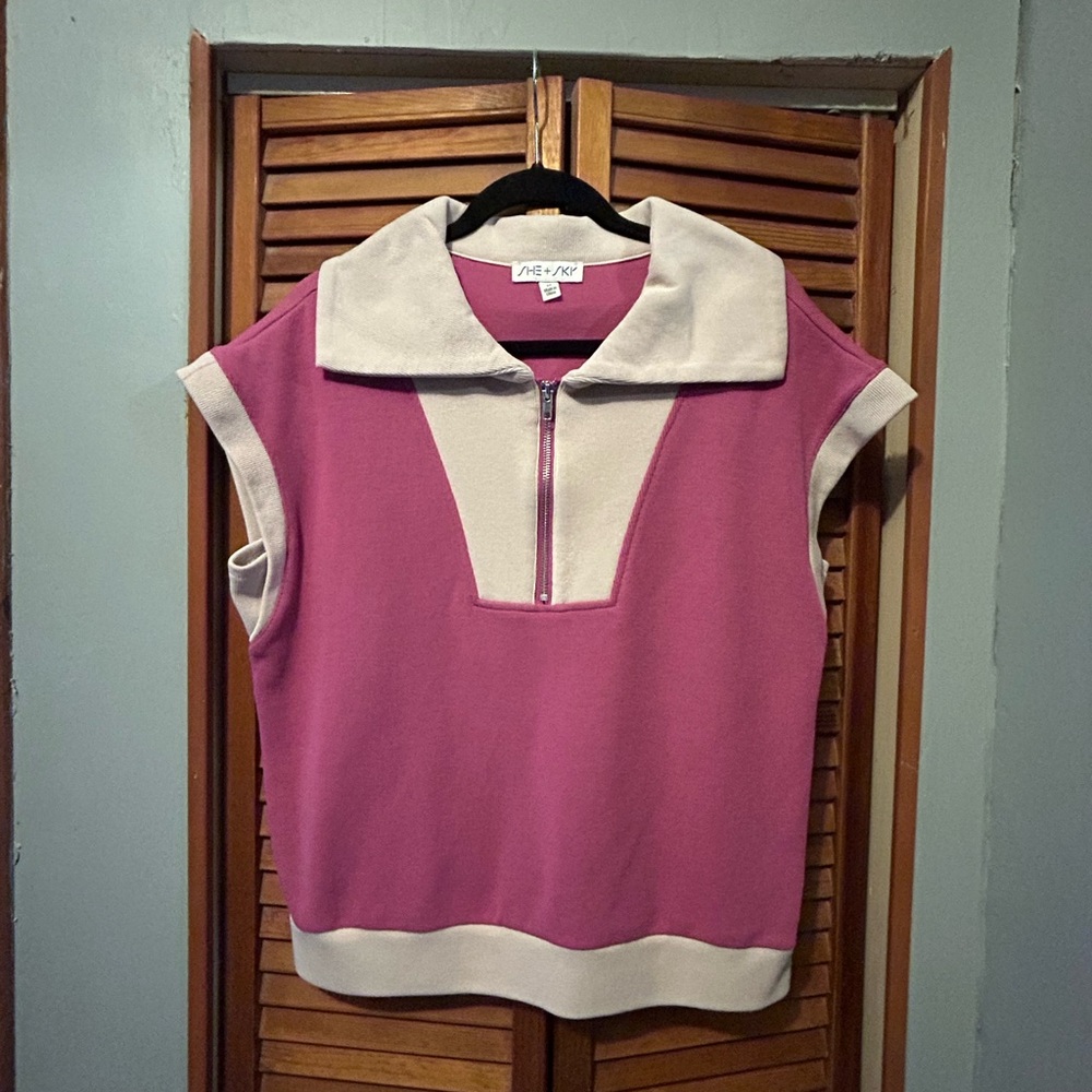 Pink and Cream Zip-Up Sleeveless Top